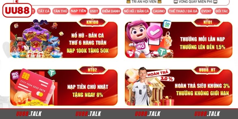 Khuyến mãi UU88 nạp tiền và hoàn cược game